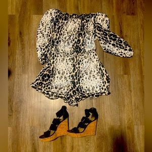 Bebe Leopard Print Off-Shoulder Romper